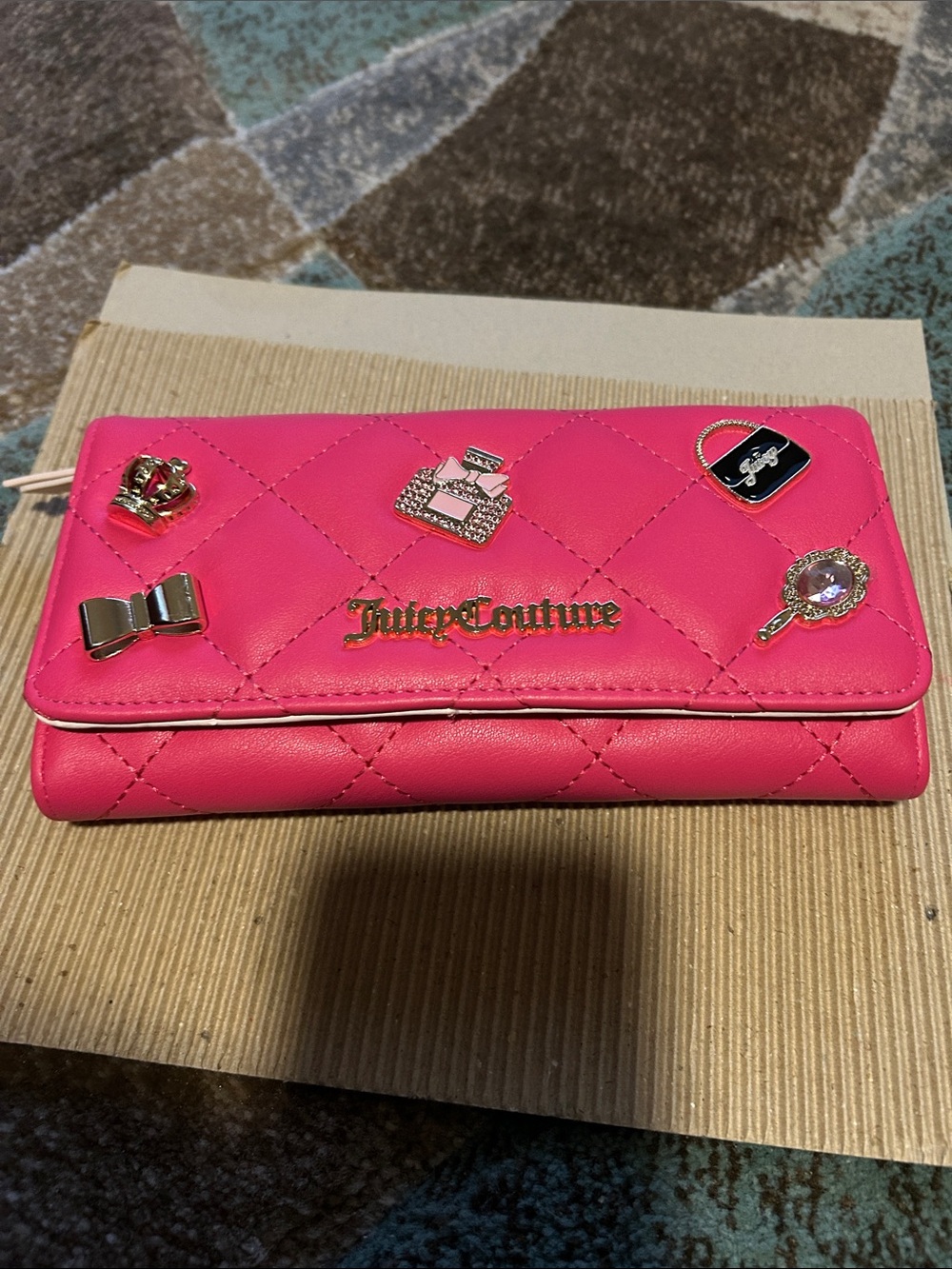 Juicy Couture Hot Pink Quilted Wallet with Gold Accents and Charms